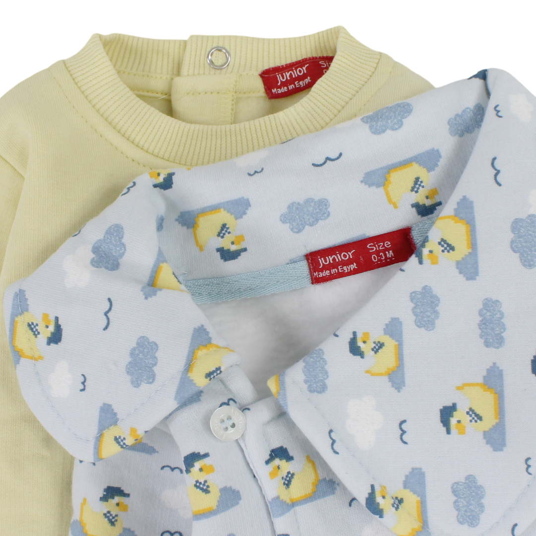 Baby Boys Cotton 2-Piece Baby Footie – Baby Blue & Yellow with Duck Print