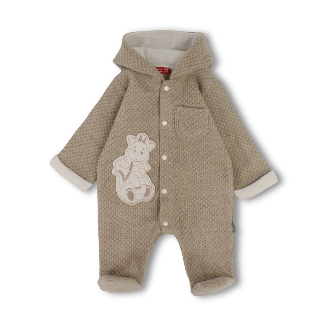 Baby Boys Wool Hooded Baby Footie – Camel with Dinosaur Print
