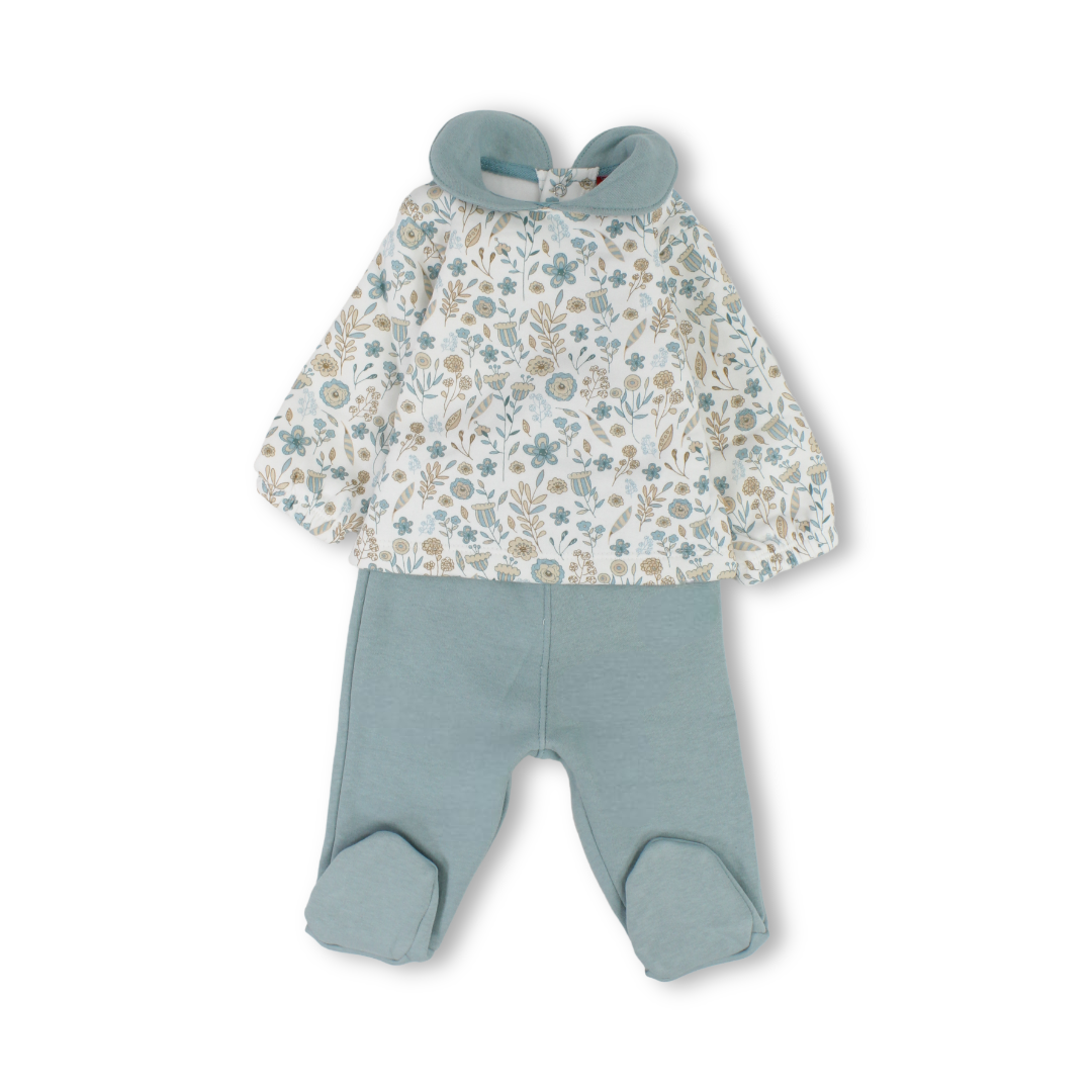 Baby Girls Cotton Pajama – Off-White & Mint with Floral Print
