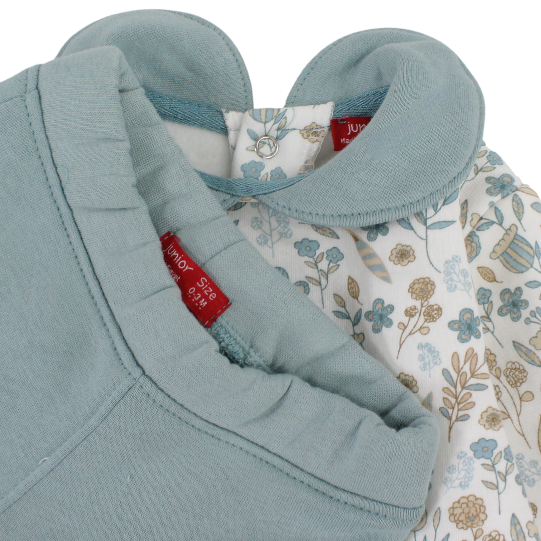 Baby Girls Cotton Pajama – Off-White & Mint with Floral Print
