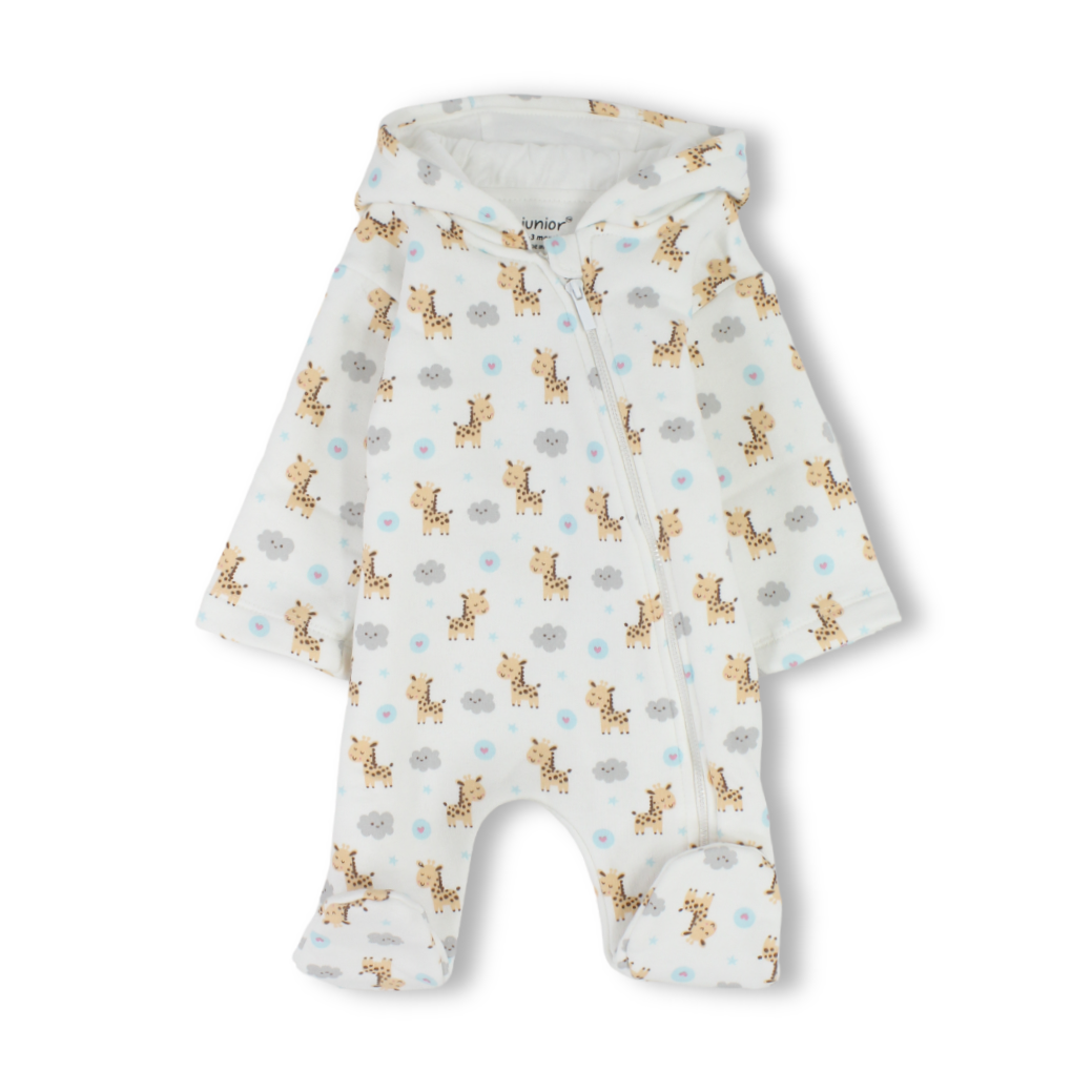 Baby Girls Cotton Hooded Baby Footie – Off-White with Giraffe Print