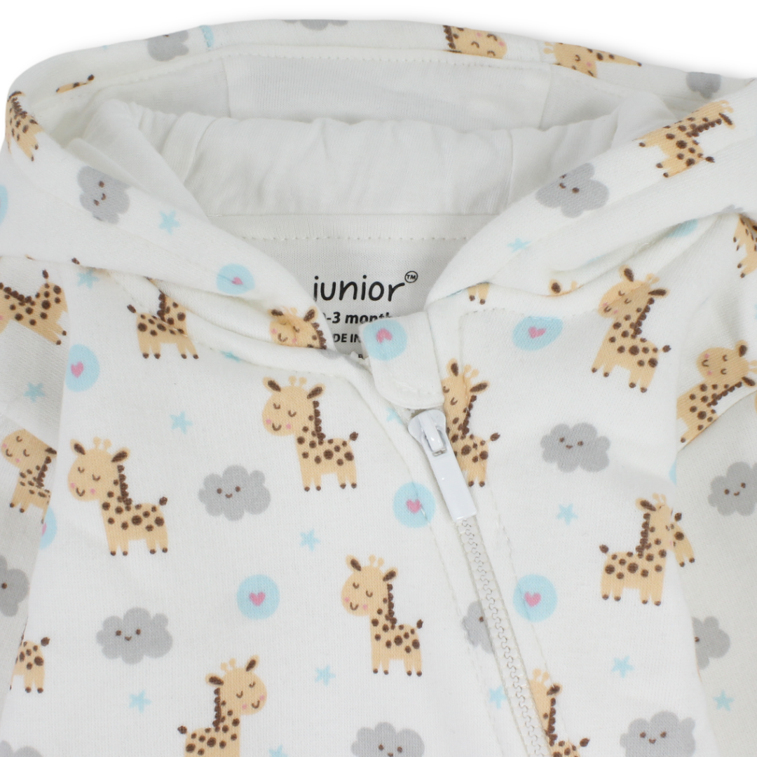 Baby Girls Cotton Hooded Baby Footie – Off-White with Giraffe Print