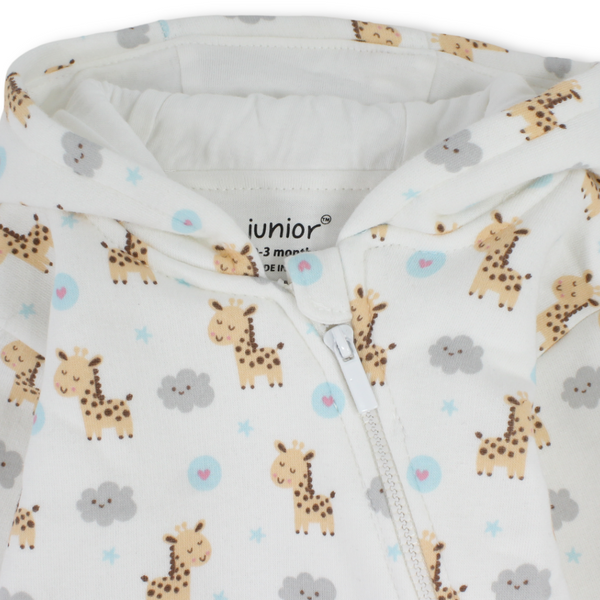 Baby Girls Cotton Hooded Baby Footie – Off-White with Giraffe Print