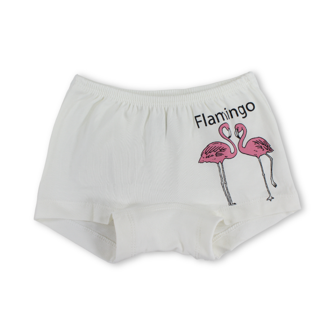 Girls Cotton Pantie – Off-White with Flamingo Print