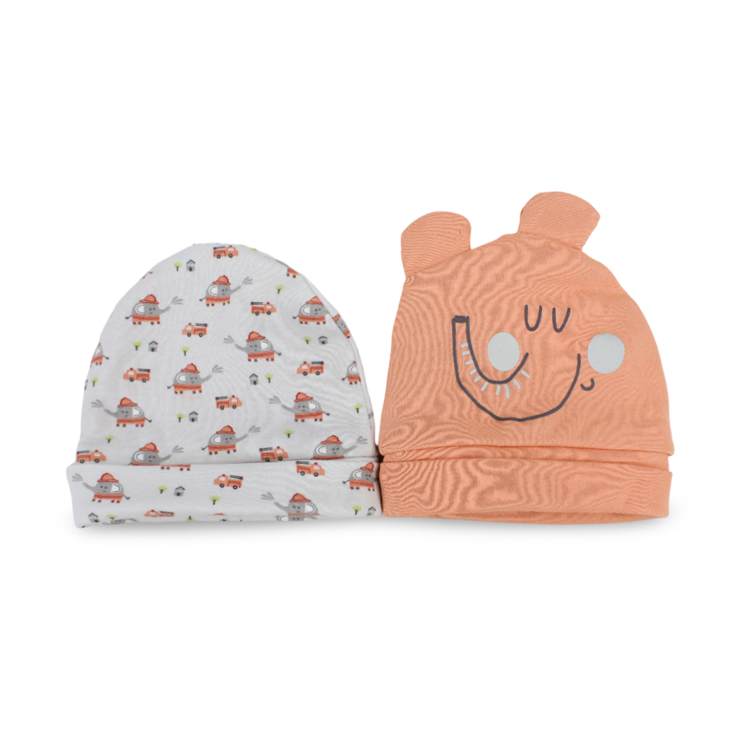 Unisex Baby Cotton Beanie – Orange + Grey with Elephant Print (2 Pcs) - Clothing - Junior