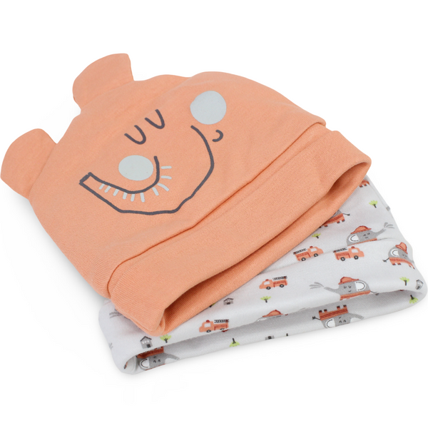 Unisex Baby Cotton Beanie – Orange + Grey with Elephant Print (2 Pcs)