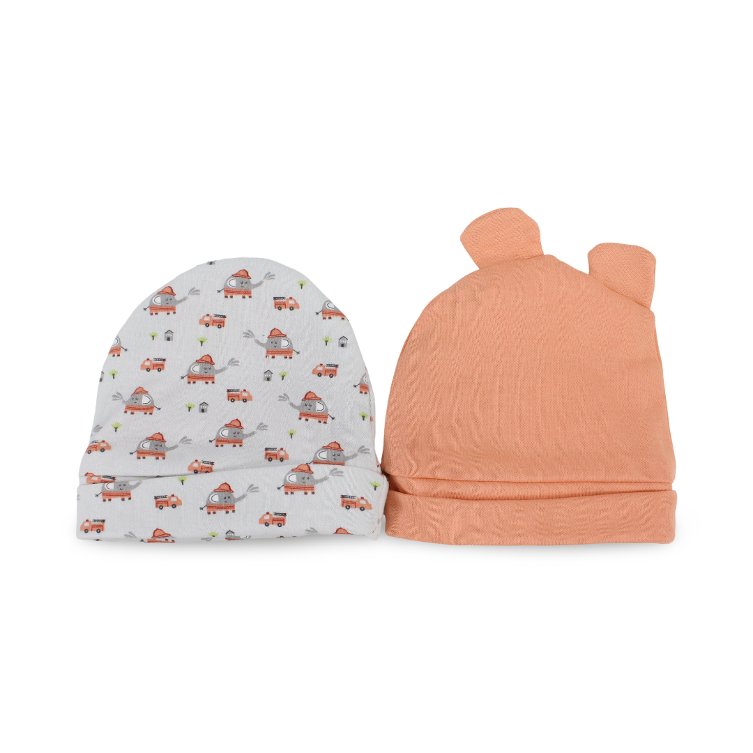 Unisex Baby Cotton Beanie – Orange + Grey with Elephant Print (2 Pcs)