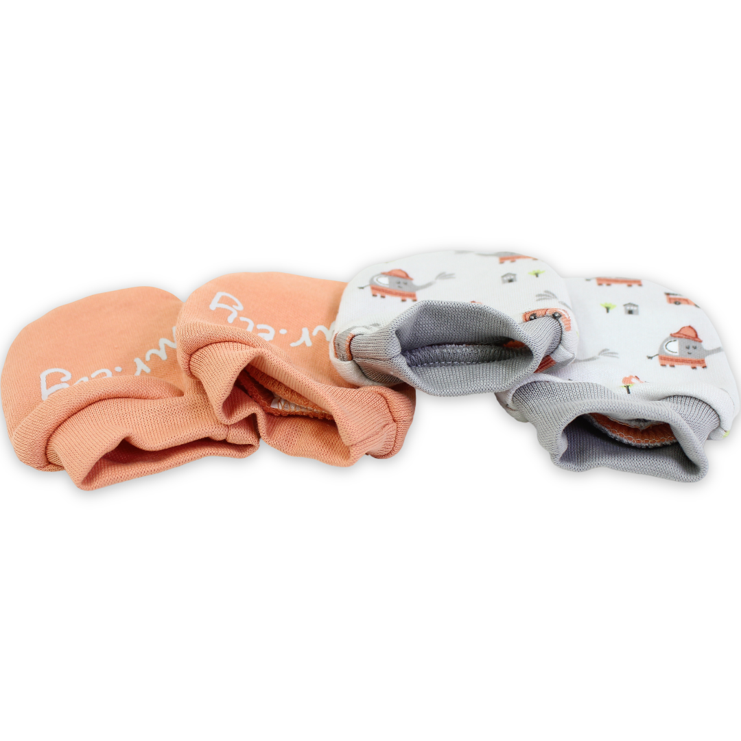 Unisex Baby Cotton Hand Mittens – Orange + Grey (2 Sets)