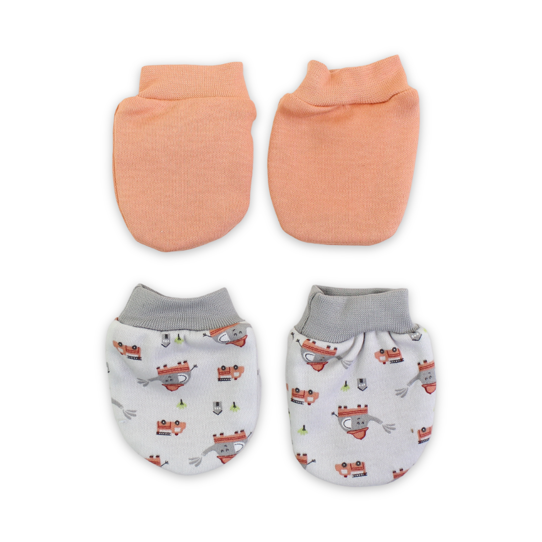 Unisex Baby Cotton Hand Mittens – Orange + Grey (2 Sets)