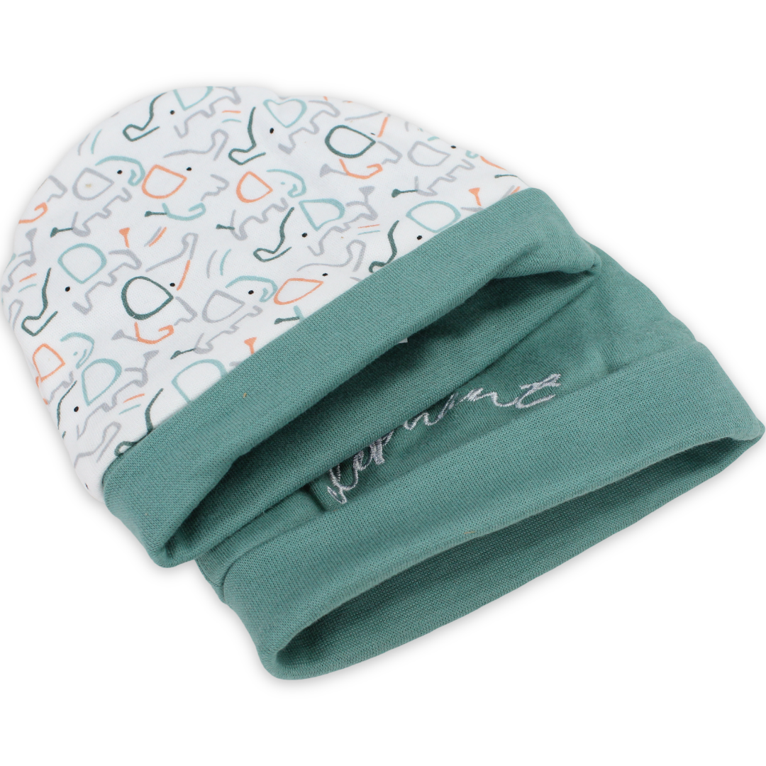 Unisex Baby Cotton Beanie – Mint + Off-White with "Elephant" Embroidery (2 Pcs)