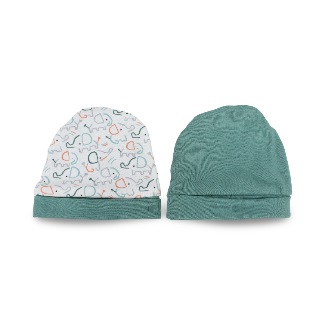 Unisex Baby Cotton Beanie – Mint + Off-White with "Elephant" Embroidery (2 Pcs)