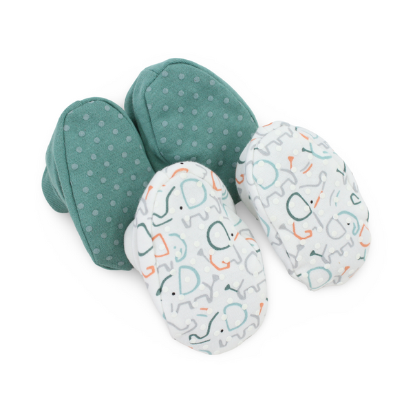 Unisex Baby Cotton Footies – Mint + Off-White with Elephant Print (2 Set)