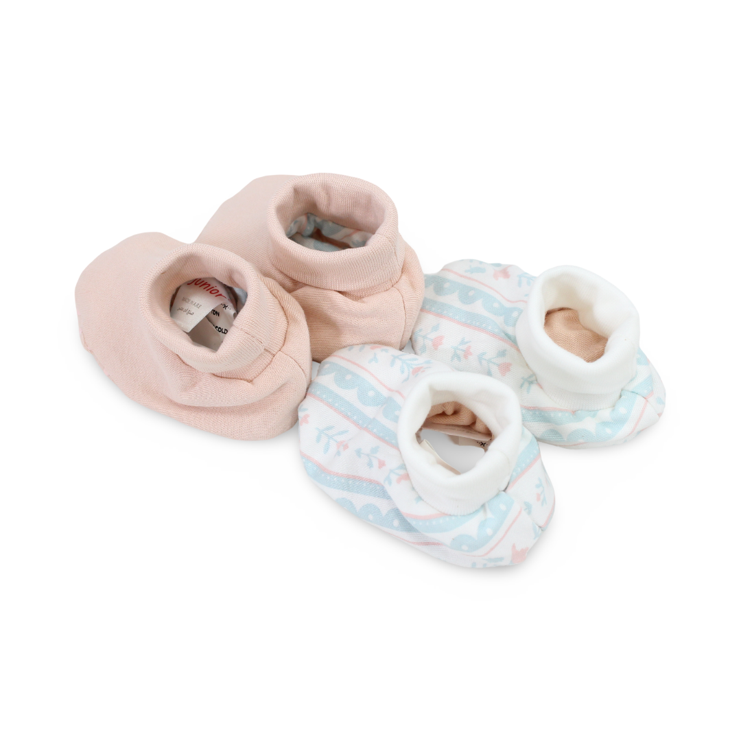Baby Girls Cotton Footies – Pink + Off-White with Flowers Print (2 Set)