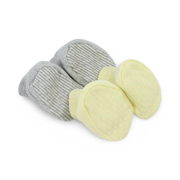 Baby Girls Cotton Footies – Yellow + Grey with Flowers Design (2 Sets)