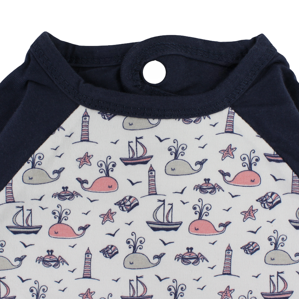 Cotton Baby Bib – Navy with Whales, Lighthouses, and Boats Print