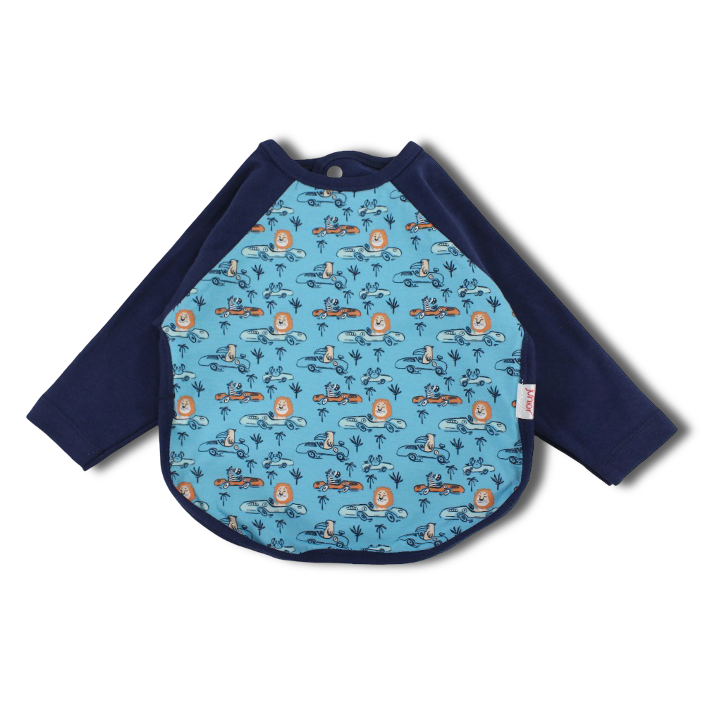Cotton Baby Bib – Navy with Animals in Cars Print