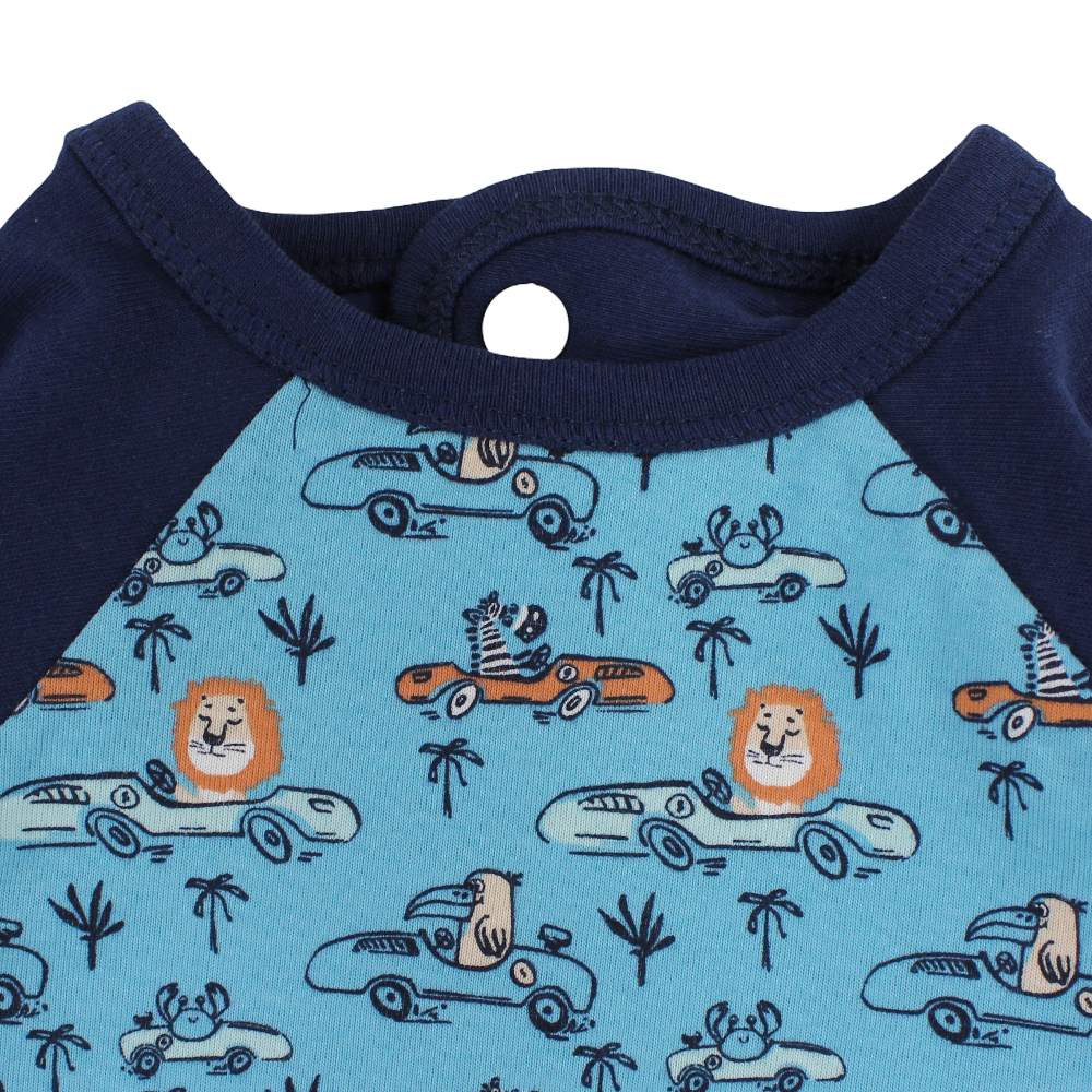 Cotton Baby Bib – Navy with Animals in Cars Print
