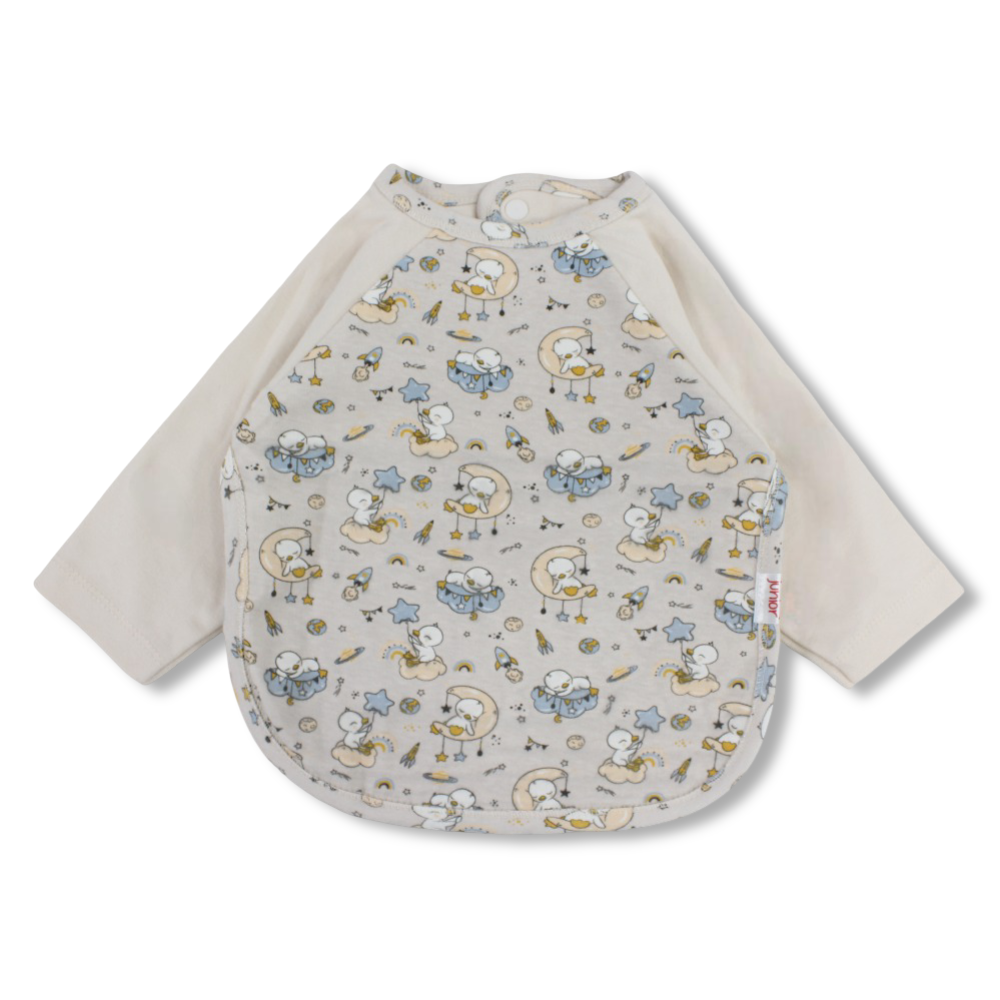 Cotton Baby Bib – Beige with Birds and Moons Print