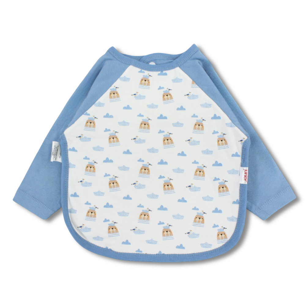 Cotton Baby Bib – Baby Blue with Walrus and Boat Print