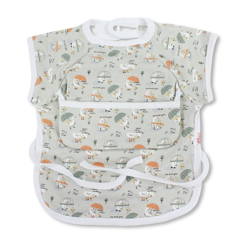 Baby Cotton Bib – Grey with Goose & Umbrella Print
