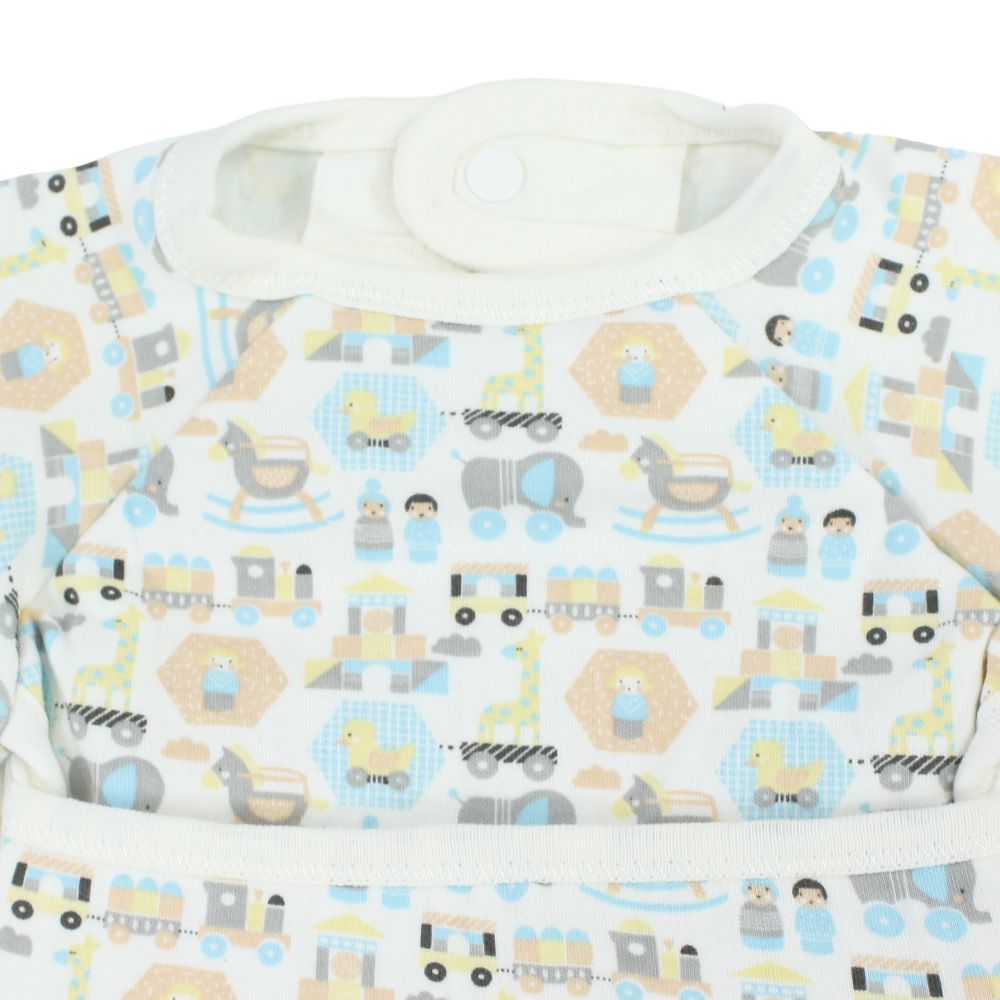 Baby Cotton Bib – Off-White with Animals & Train Print