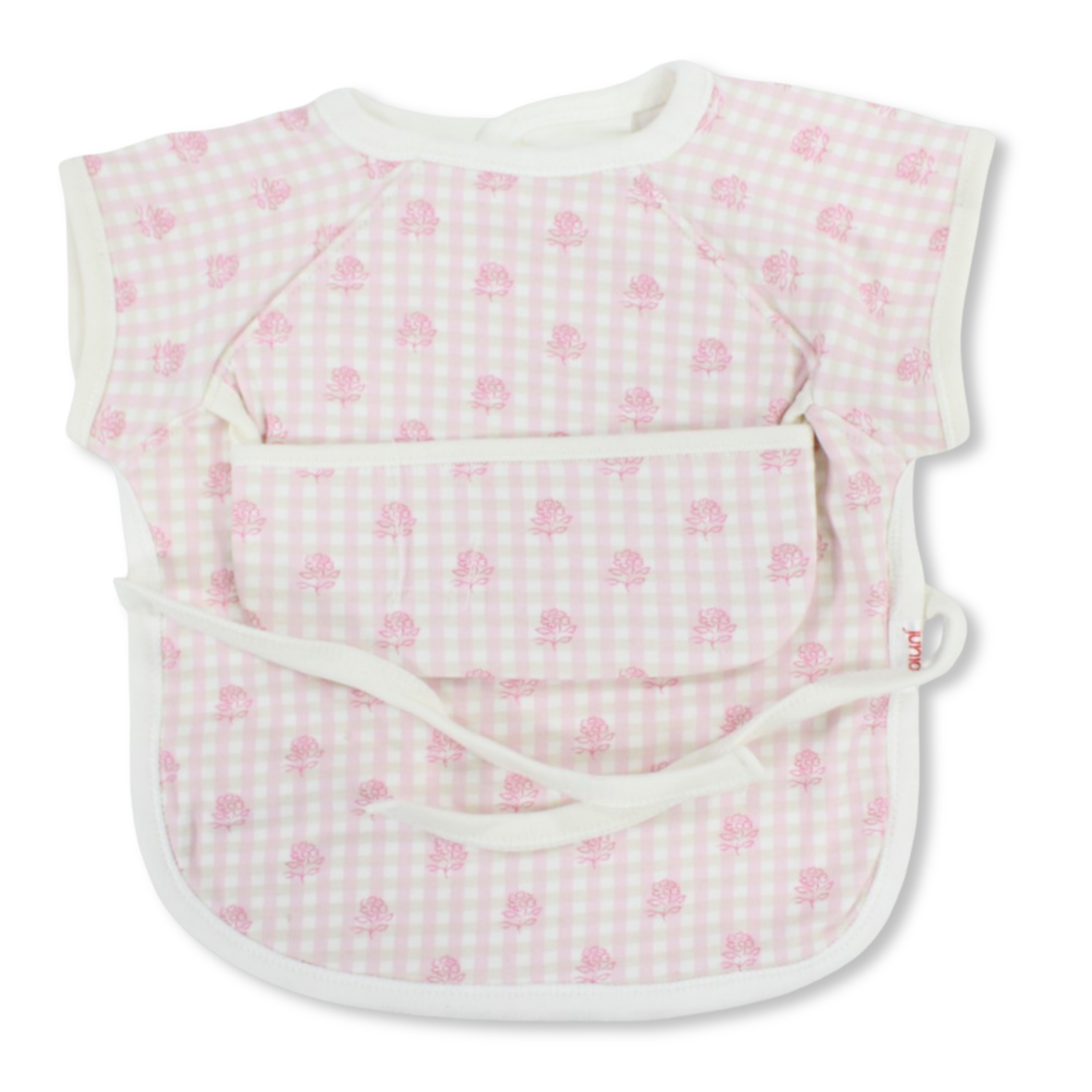 Baby Cotton Bib – Pink with Floral Checkered Print