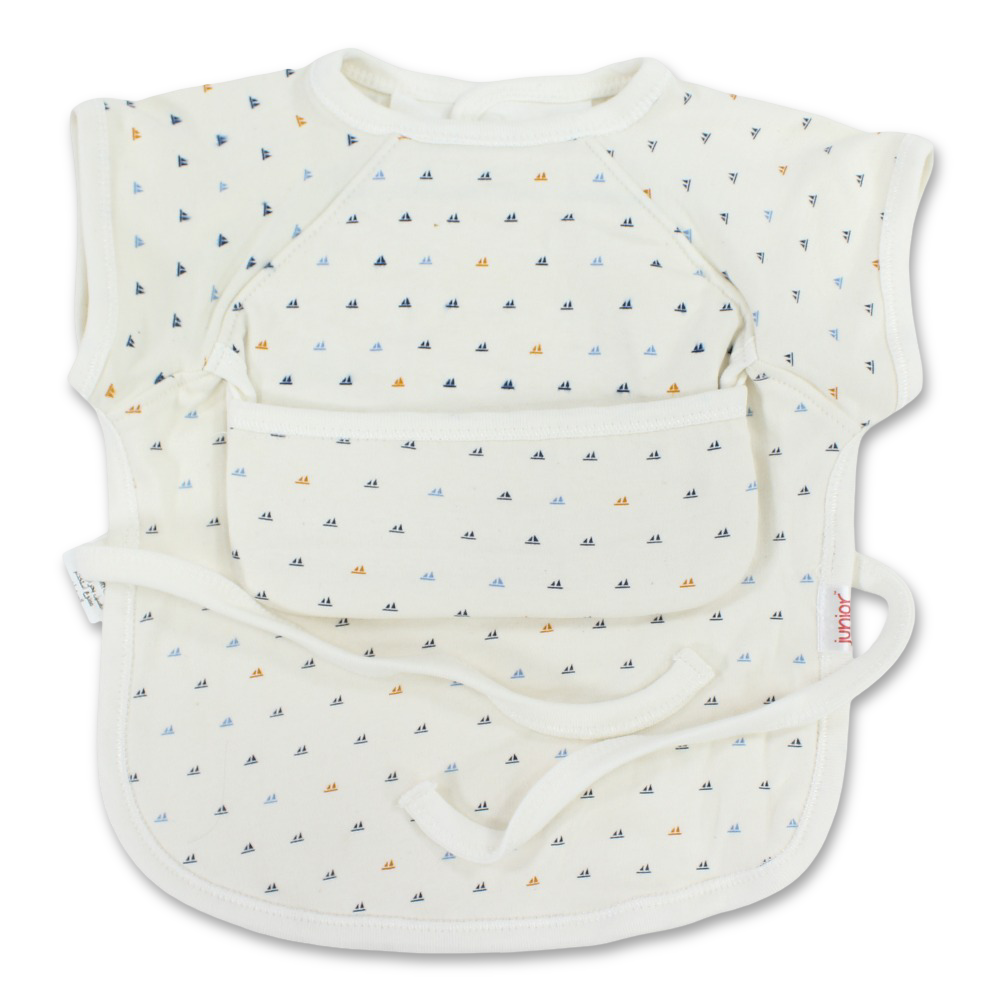 Baby Cotton Bib – Off-White with Sailboat Print