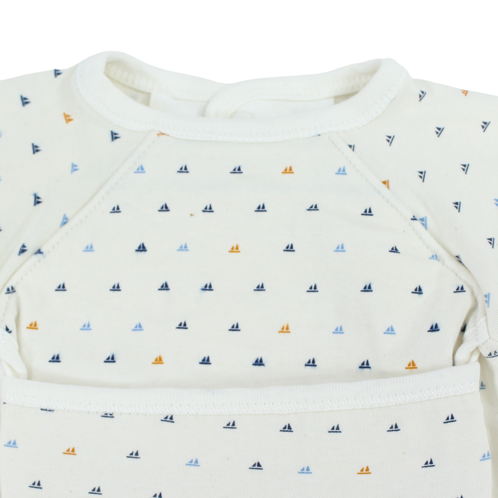 Baby Cotton Bib – Off-White with Sailboat Print
