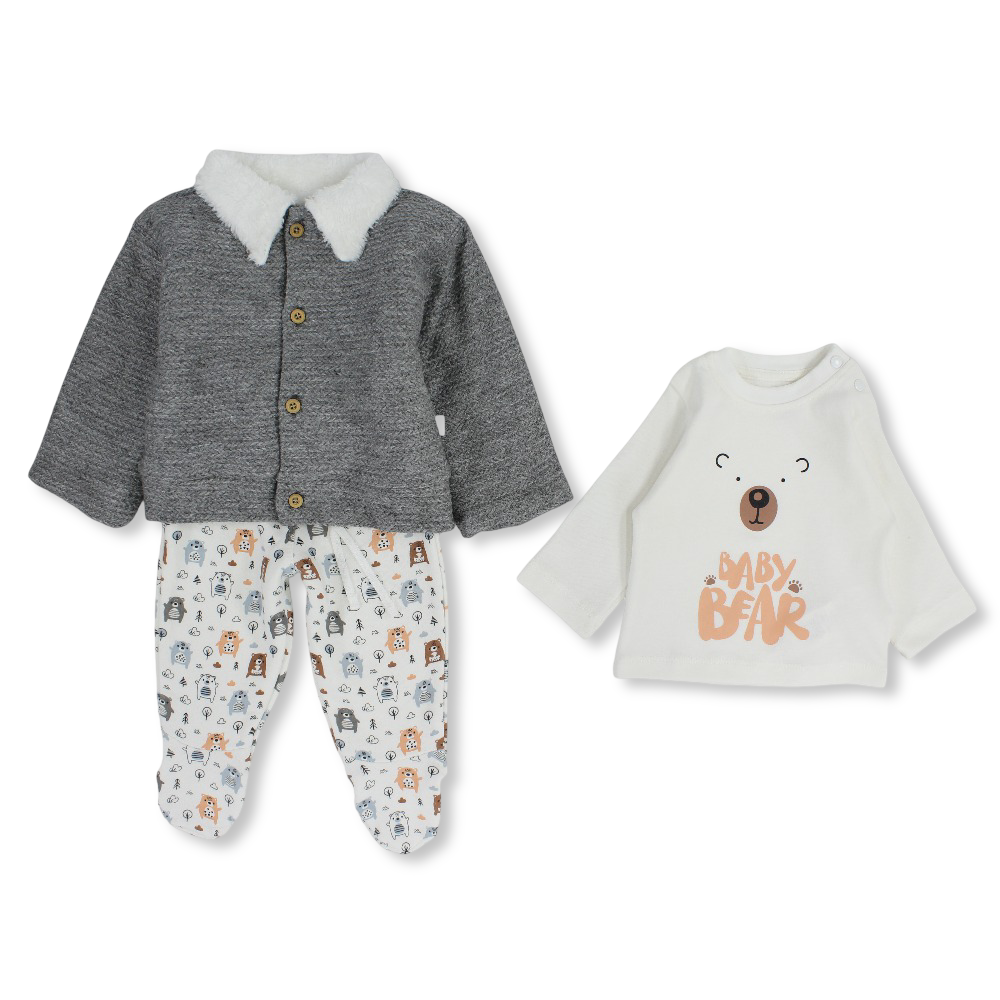 Baby Boys Cotton Pajama Set– Grey with Bear Design (3 Pieces)