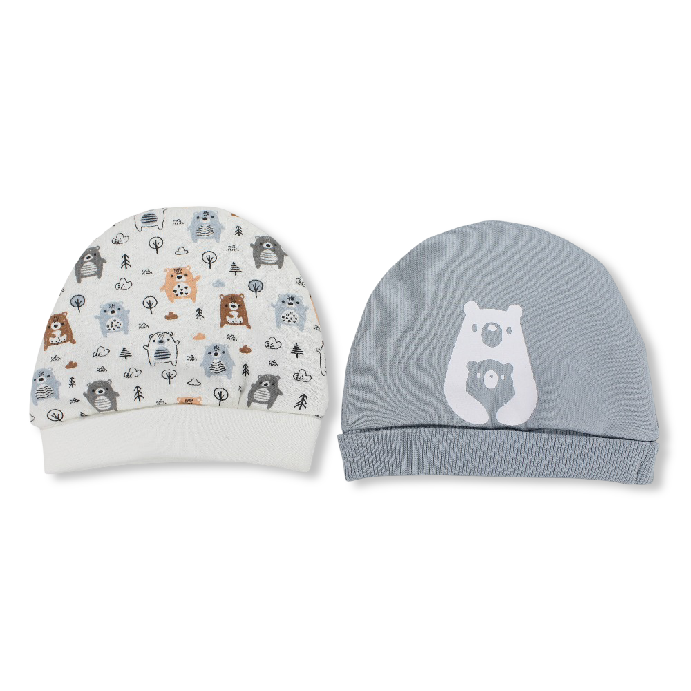 Baby Boys Cotton Beanie Set – Off-white/ Grey with Bear Design (Pack of 2)