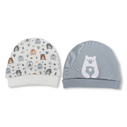 Baby Boys Cotton Beanie Set – Off-white/ Grey with Bear Design (Pack of 2)