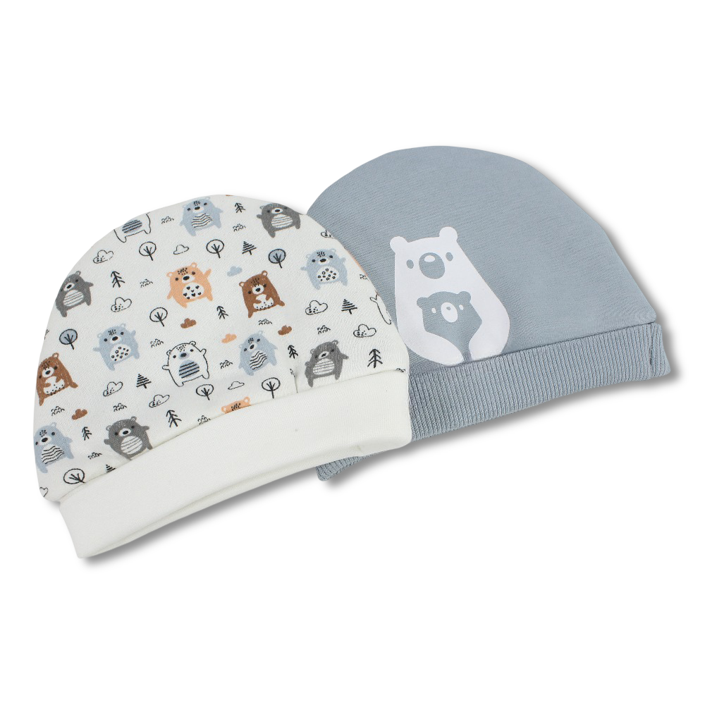 Baby Boys Cotton Beanie Set – Off-white/ Grey with Bear Design (Pack of 2)