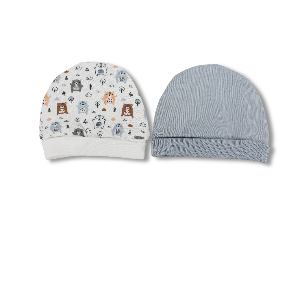 Baby Boys Cotton Beanie Set – Off-white/ Grey with Bear Design (Pack of 2)