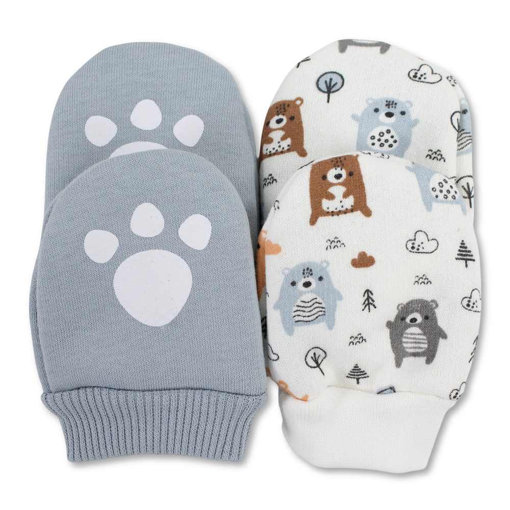 Baby Boys Cotton Hand Mittens Set – Off-White/Grey with Bear & Paw Design (Pack of 2)