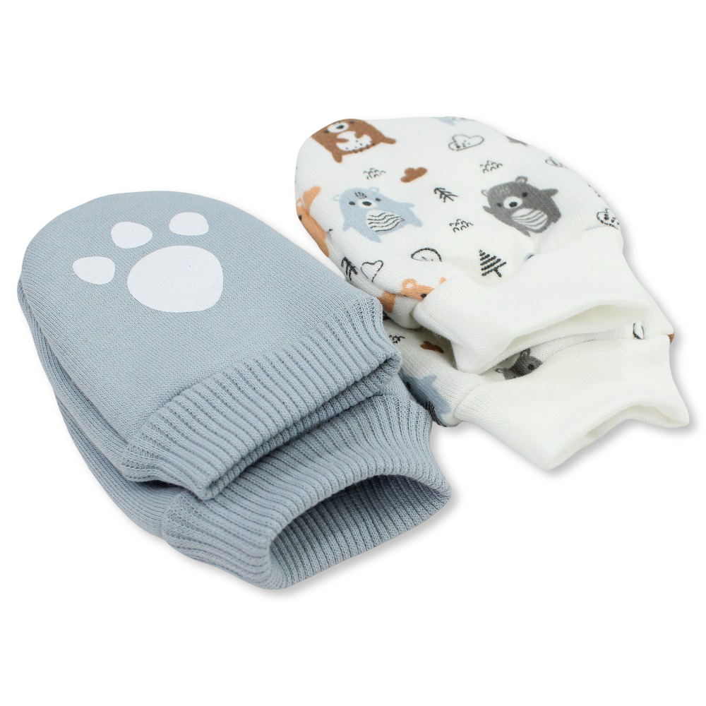 Baby Boys Cotton Hand Mittens Set – Off-White/Grey with Bear & Paw Design (Pack of 2)