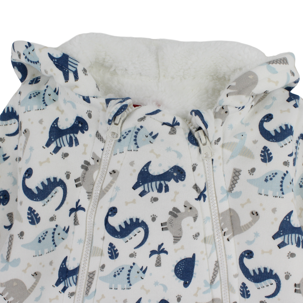 Baby Boys Cotton Hooded Baby Footie – Off-White with Dinosaur Print