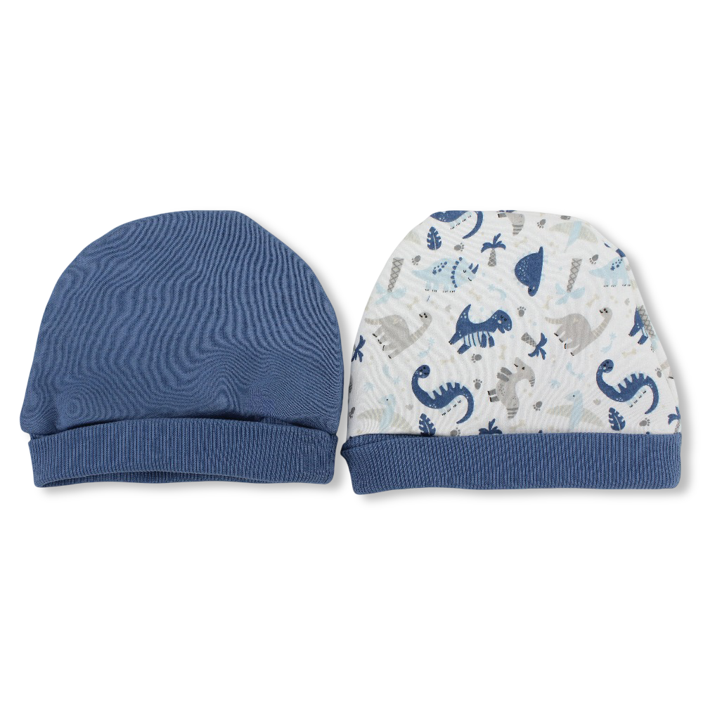 Baby Boys Cotton Beanie Set – Indigo & Off-White/Blue with Dinosaur Design (Pack of 2)