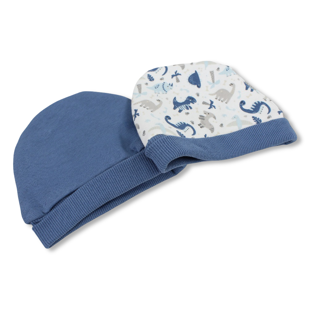 Baby Boys Cotton Beanie Set – Indigo & Off-White/Blue with Dinosaur Design (Pack of 2)