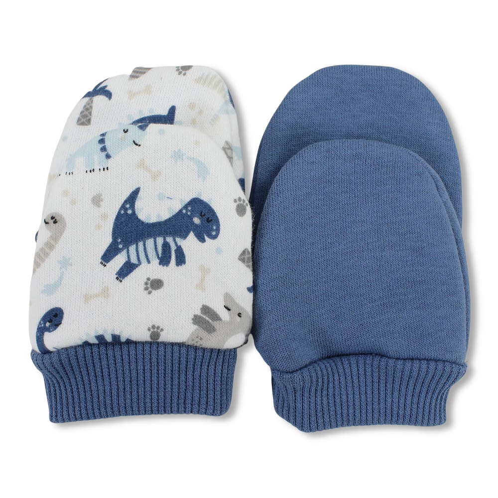 Baby Boys Cotton Hand Mittens Set – Off-White/Blue with Dinosaur Design (Pack of 2)