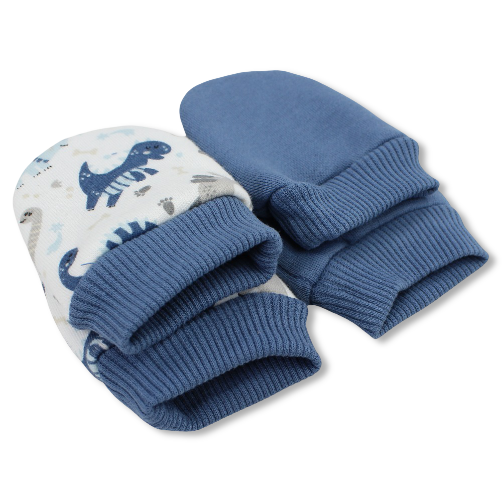 Baby Boys Cotton Hand Mittens Set – Off-White/Blue with Dinosaur Design (Pack of 2)