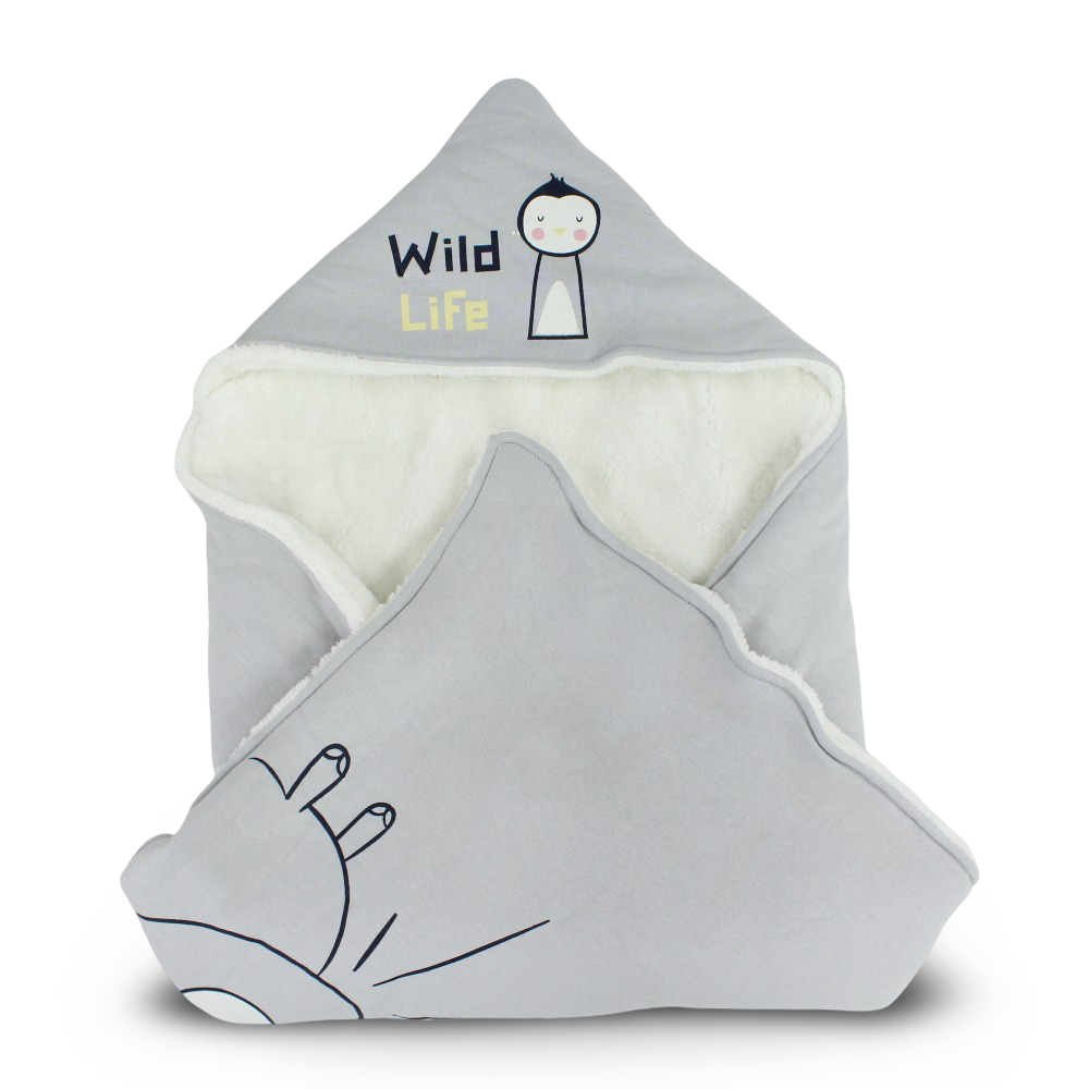 Cotton Baby Blanket – Grey with “Wild Life” Penguin Design