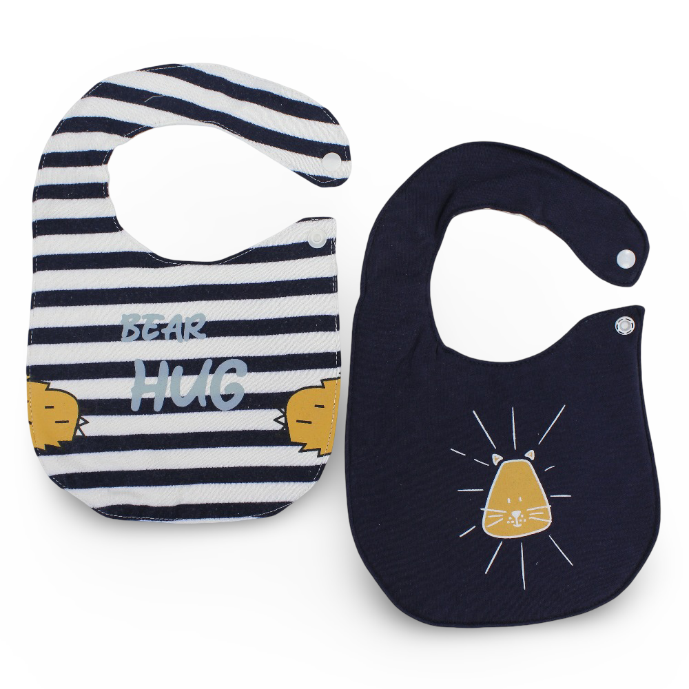 Baby Cotton Bibs – Navy & Grey with “Bear Hug” and Lion Design (2 Pieces)