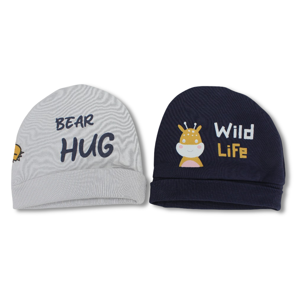 Baby Boys Cotton Beanie Set – Navy/Grey with “Bear Hug” and “Wild Life” Design (Pack of 2)
