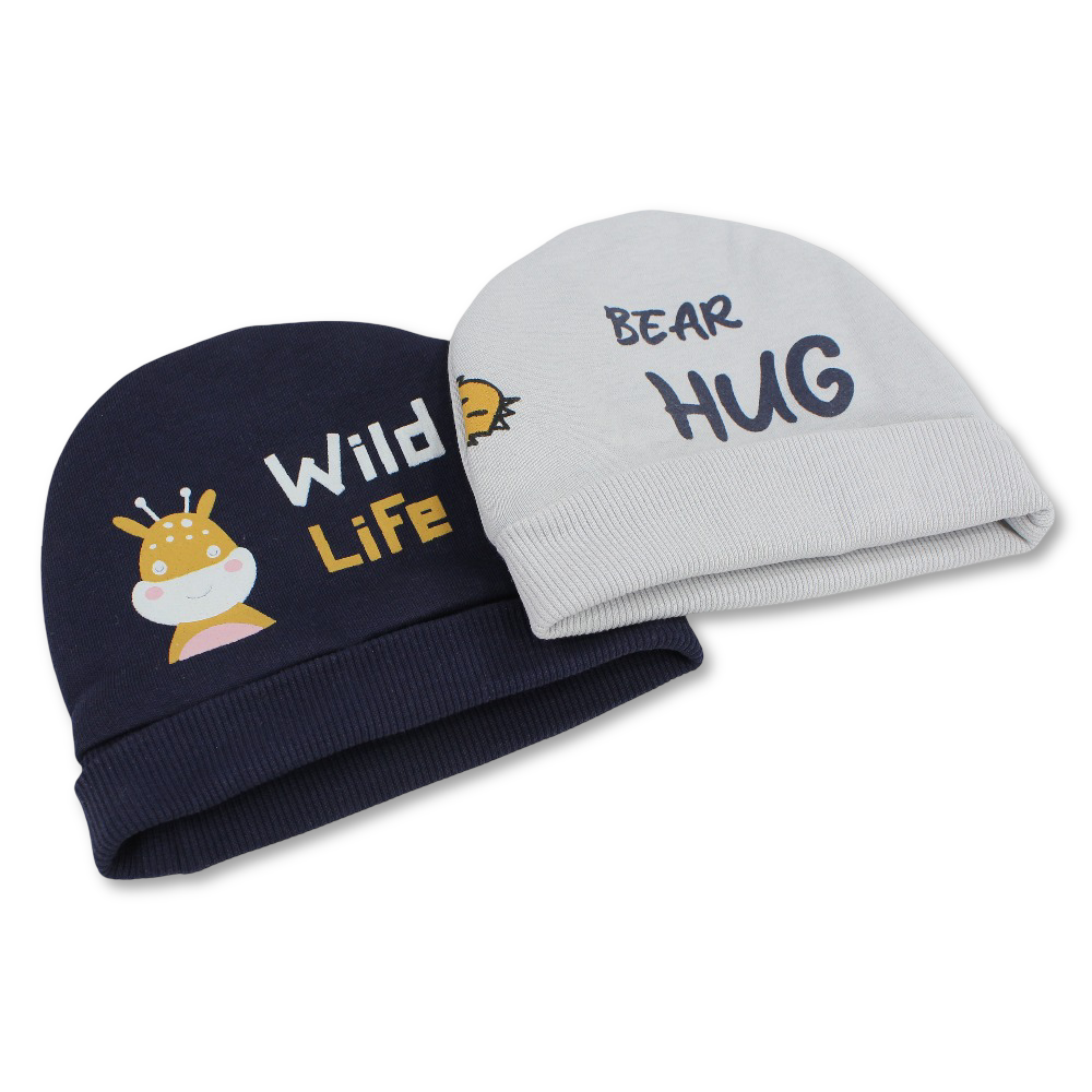 Baby Boys Cotton Beanie Set – Navy/Grey with “Bear Hug” and “Wild Life” Design (Pack of 2)