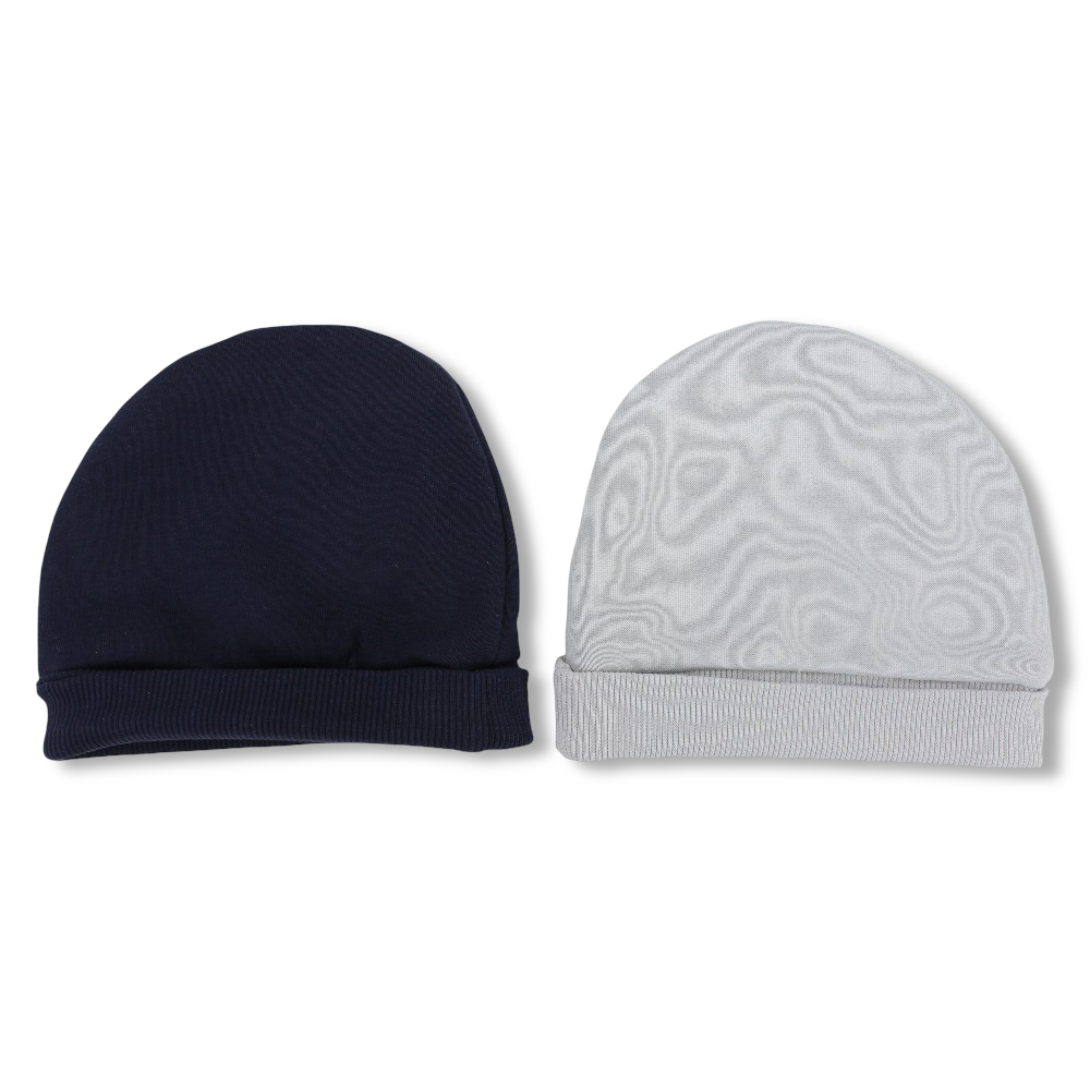 Baby Boys Cotton Beanie Set – Navy/Grey with “Bear Hug” and “Wild Life” Design (Pack of 2)