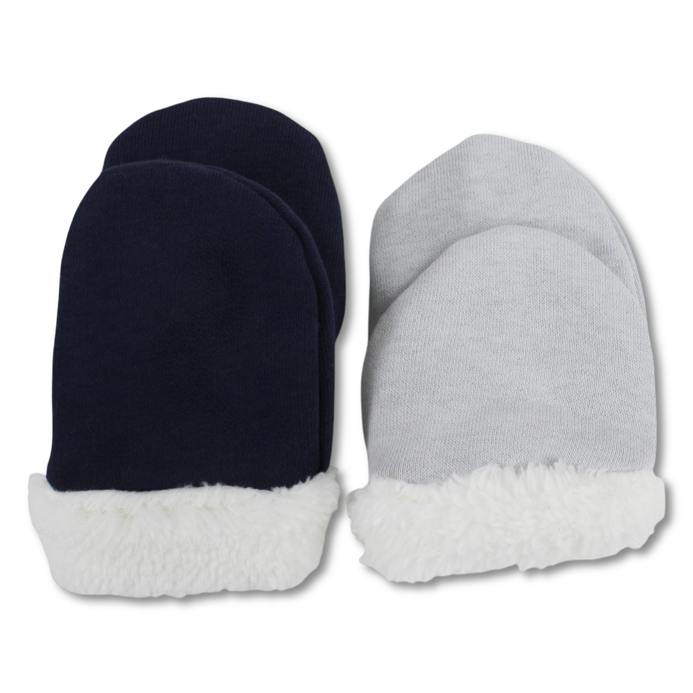 Baby Boys Cotton Hand Mittens Set – Navy/Grey with Soft Fur Trim (Pack of 2)