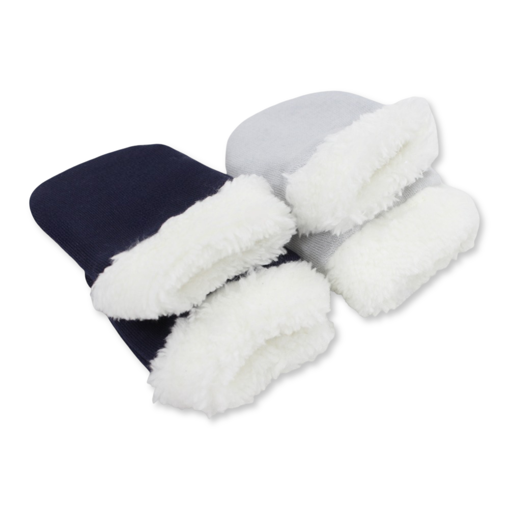 Baby Boys Cotton Hand Mittens Set – Navy/Grey with Soft Fur Trim (Pack of 2)