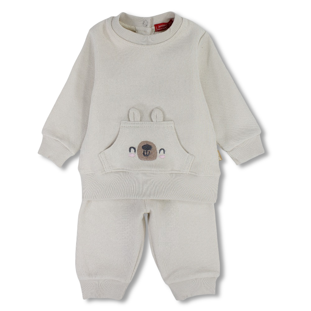 Baby Boys Wool Pajama Set – Beige with Bear Pocket Design