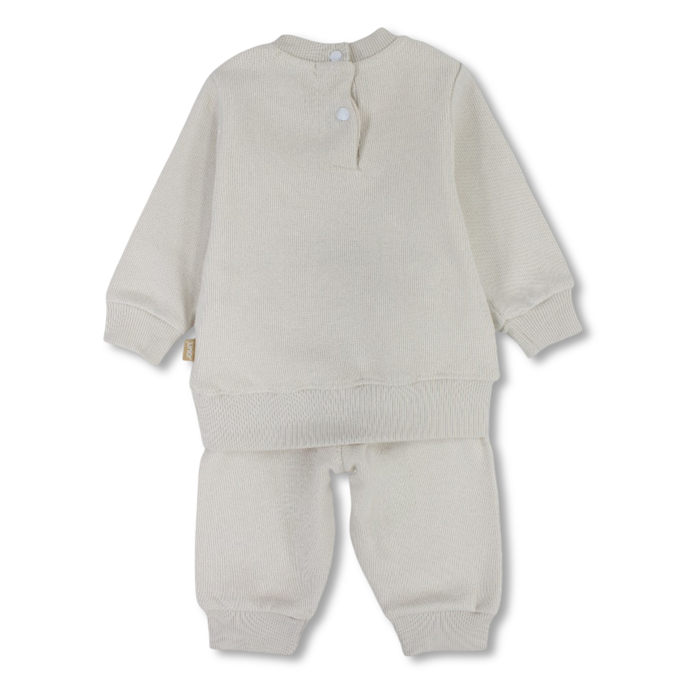 Baby Boys Wool Pajama Set – Beige with Bear Pocket Design