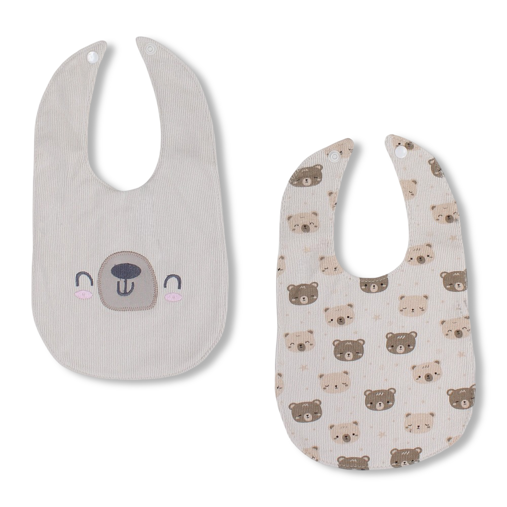 Cotton Baby Bibs – Beige with Bear Design (2 Pieces)